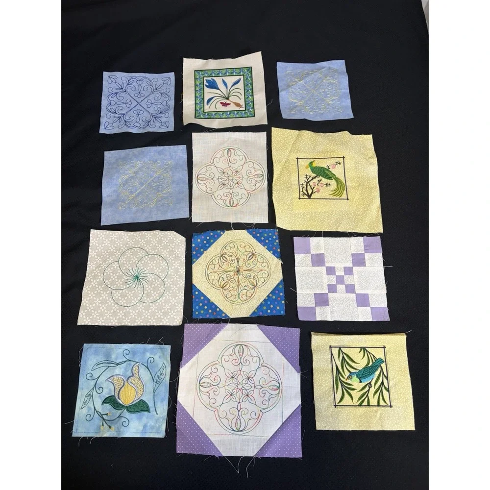 Set of 12 Vtg Quilt Blocks~ Machine Embroidered~Birds and Flowers~4-6